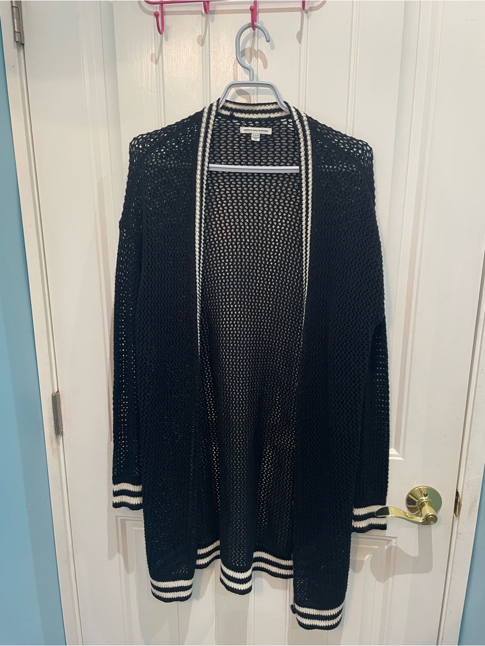 American Eagle Outfitters Black Open-Knit Cardigan with White Trim